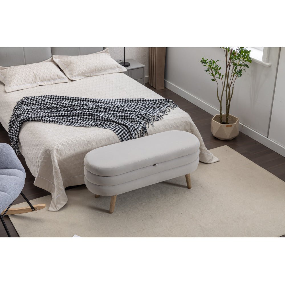 036 velvet fabric storage bench bedroom bench with wood legs for living room bedroom indoor,light gray