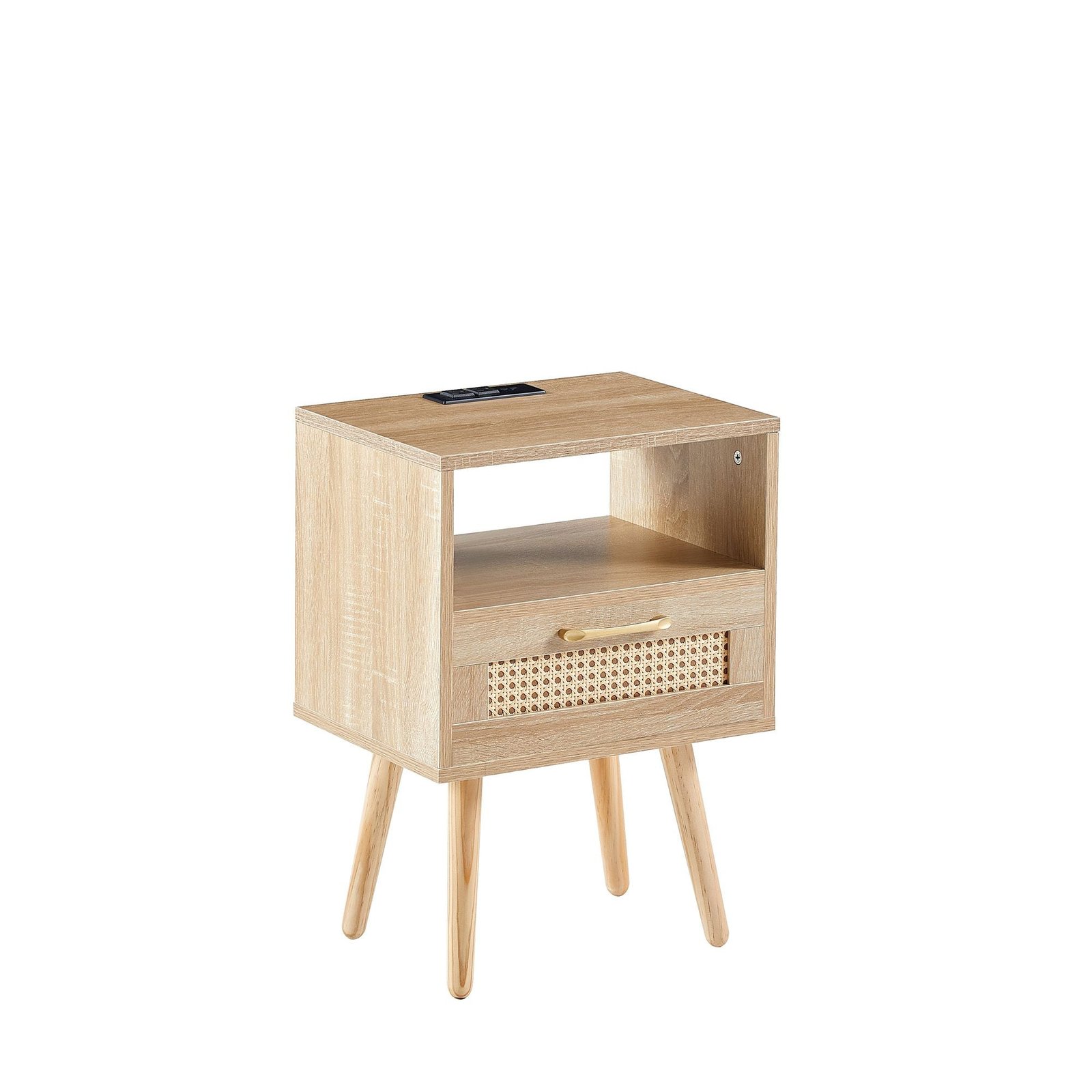 15.75" modern solid wood rattan end table with power outlet usb ports nightstand drawer side table for living room bedroom
