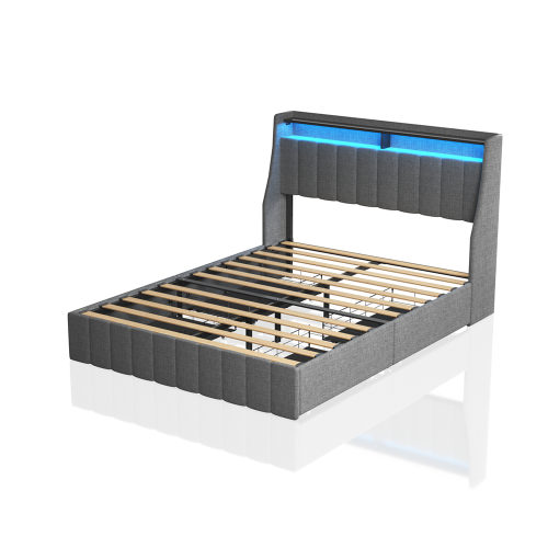 fcj light grey full size platform bed frame with led and 4 under bed storage drawers soft headboard design with wings