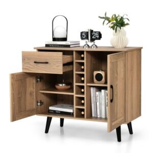 2 door buffet sideboard with 6 bottle wine rack drawer for home or office bar cabinets
