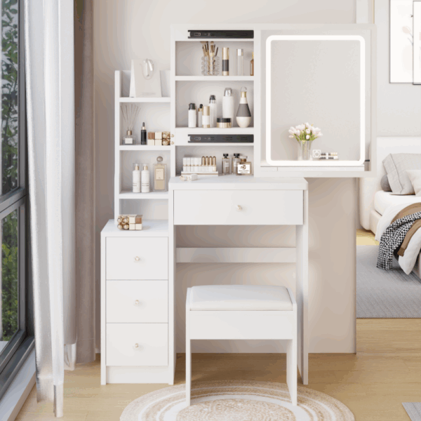 29.2" small space left bedside cabinet vanity table + cushioned stool, extra large right sliding mirror