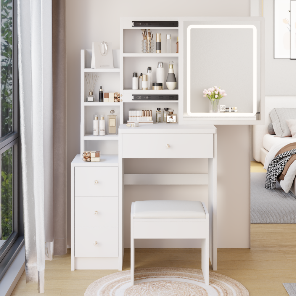 29.2" small space left bedside cabinet vanity table + cushioned stool, extra large right sliding mirror