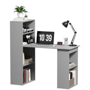 compact gray workstation writing desk with 6 tier storage shelves computer table bookshelf for home office