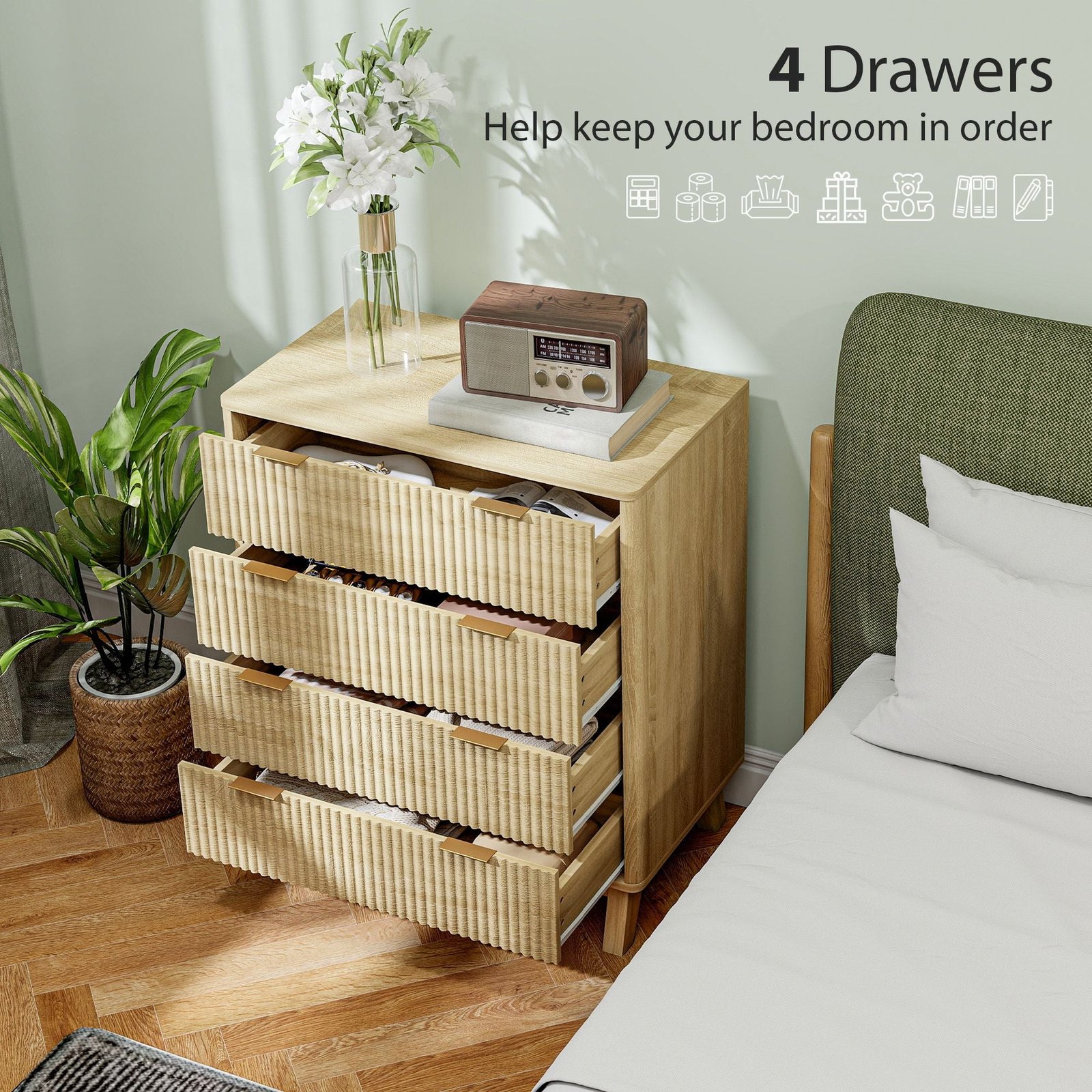 4 drawer double dresser for bedroom, fluted chest of drawers with gold finger pulls and 4 wood legs, natural wood
