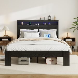 dark black queen size wood platform bed frame led headboard 2 usb noise free no box spring needed easy assembly large storage