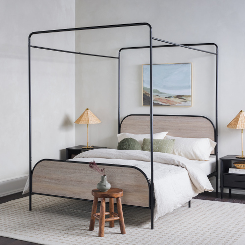 fcj modern single queen bedframe durable metal and wood canopy with extendable feature smoked oak for home furniture"