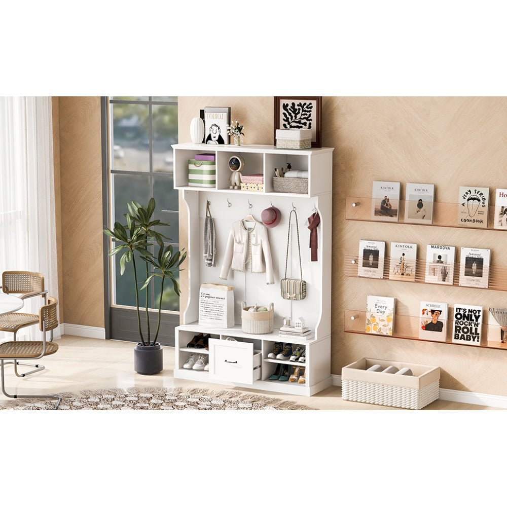 57'' hall tree with 6 hooks, coat hanger, entryway bench, 3 in 1 design, a spacious drawer for entrance, living room