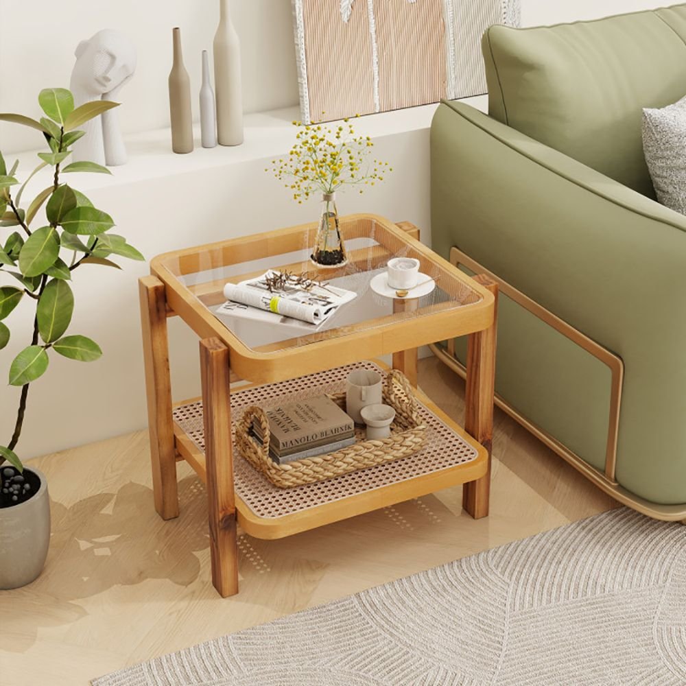2 tier rattan end side table with tempered glass top and acacia wood legs for living room furniture