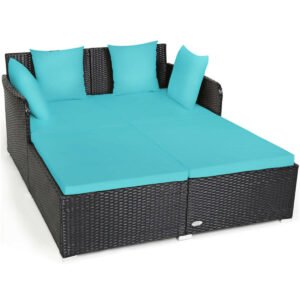 turquoise outdoor rattan daybed with upholstered cushions metal bed