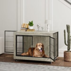 39" gray dog crate furniture end side table with wheels interchangeable side door for large dogs home furnishing