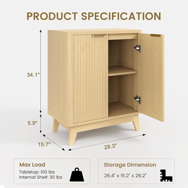 2 door fluted sideboard buffet natural oak aesthetic curved design adjustable shelf entryway console table living room cabinet