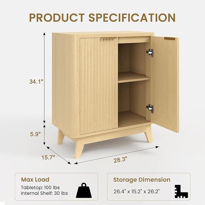 2 door fluted sideboard buffet natural oak aesthetic curved design adjustable shelf entryway console table living room cabinet