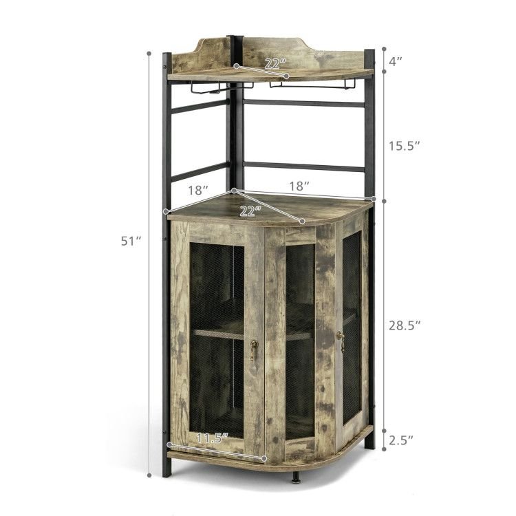 adjustable industrial corner bar cabinet with glass holder featuring an adjustable shelf