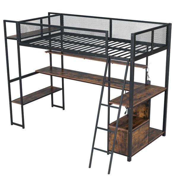 black twin size metal loft bed with built in work station & led multiple storage features