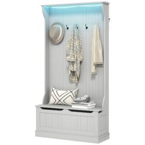 3 in 1 gray entryway hall tree with led lights bench shoe storage 5 coat racks