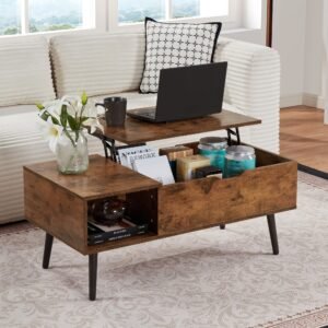 39" brown lift top coffee table with hidden compartment and storage shelf for living room or reception wood material