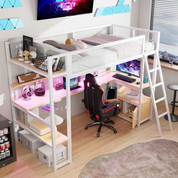 white twin size metal loft bed with built in work station & led multiple storage for home or office