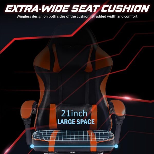 adjustable orange lift gaming chair with revolving feature synthetic leather material stainless steel lumbar pillow footrest