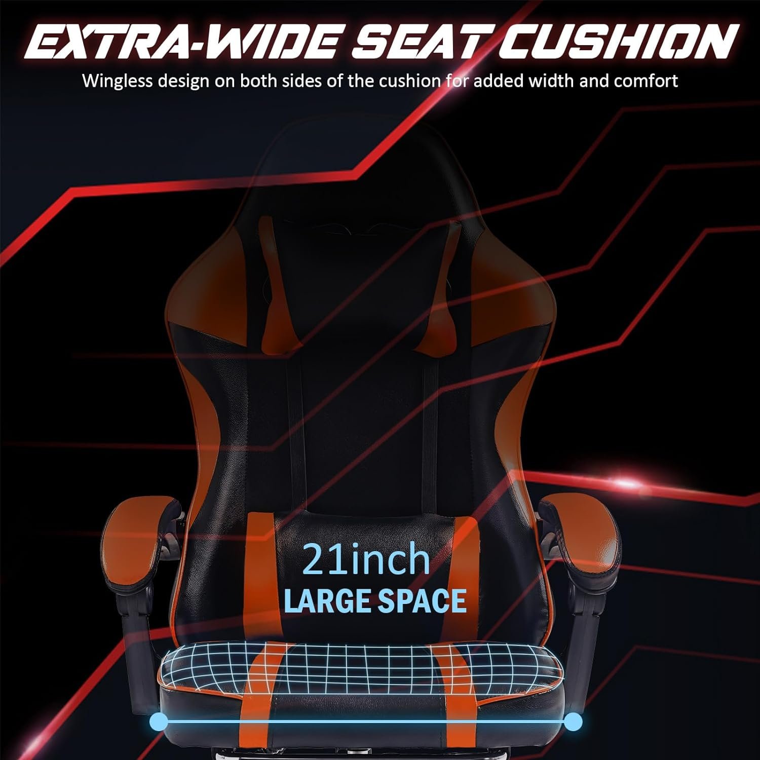 adjustable orange lift gaming chair with revolving feature synthetic leather material stainless steel lumbar pillow footrest