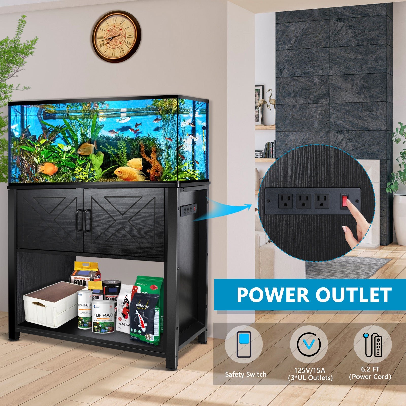 40 gallon tank stand with cabinet and power outlets, heavy duty metal aquarium stand for 40 50 gallon breeder tank, black