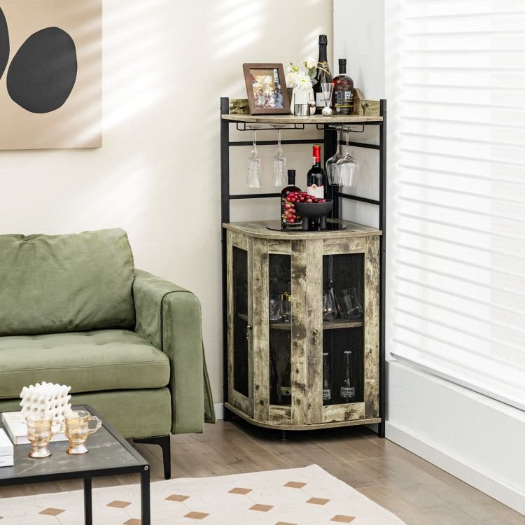 adjustable industrial corner bar cabinet with glass holder featuring an adjustable shelf