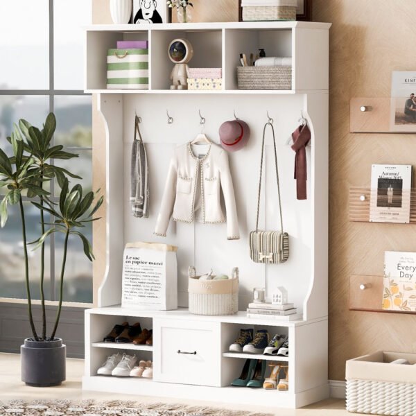 57'' hall tree with 6 hooks, coat hanger, entryway bench, 3 in 1 design, a spacious drawer for entrance, living room
