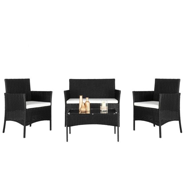 2pcs black rattan arm chairs & 1pc love seat with tempered glass coffee table set for living room