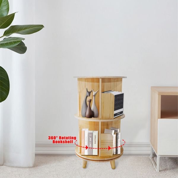 2 layer 360 rotation pine wood bookcase display rack and bookshelf
