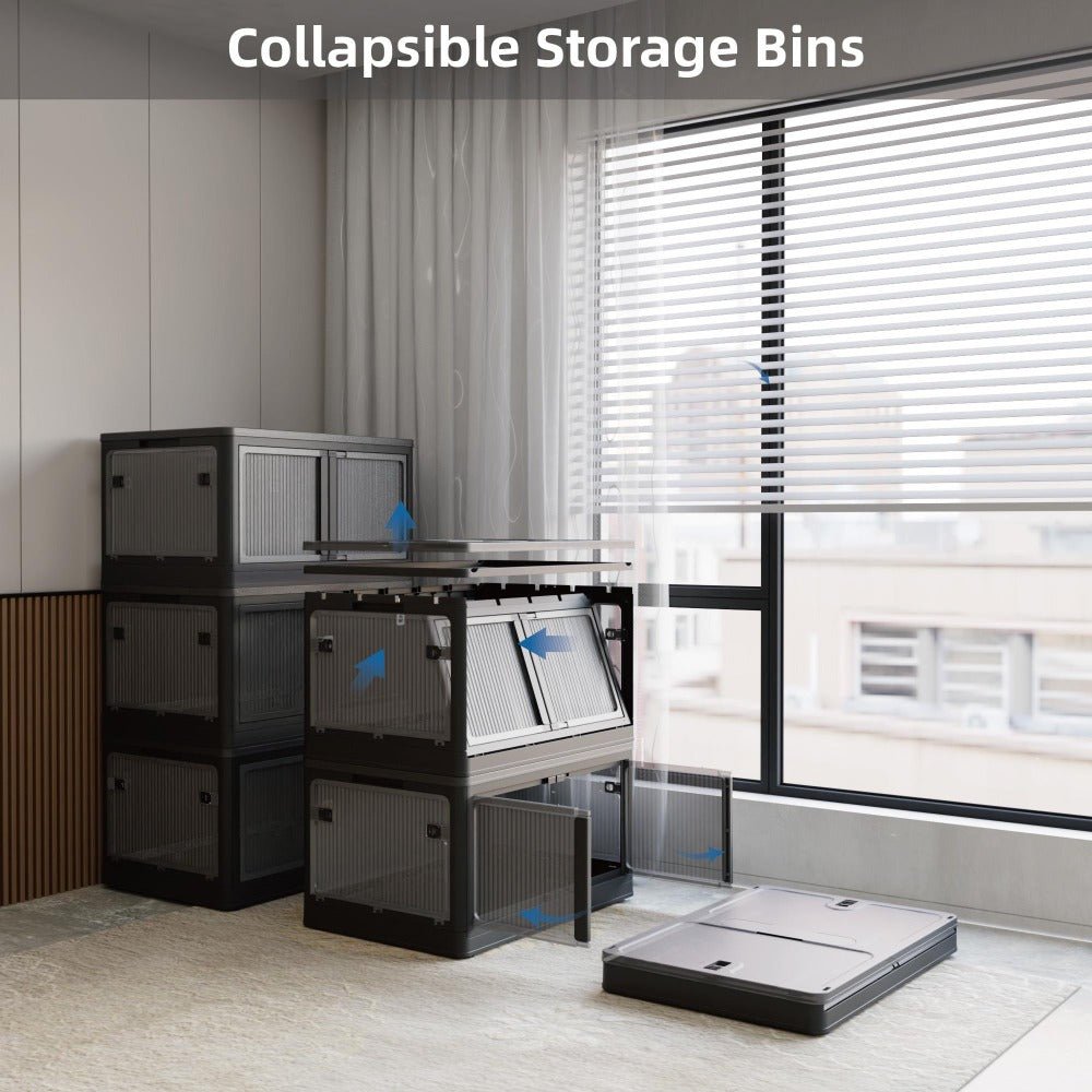 384qt 3 pack transparent stackable storage bins with 5 doors to open with wheels, folding plastic craft containers large