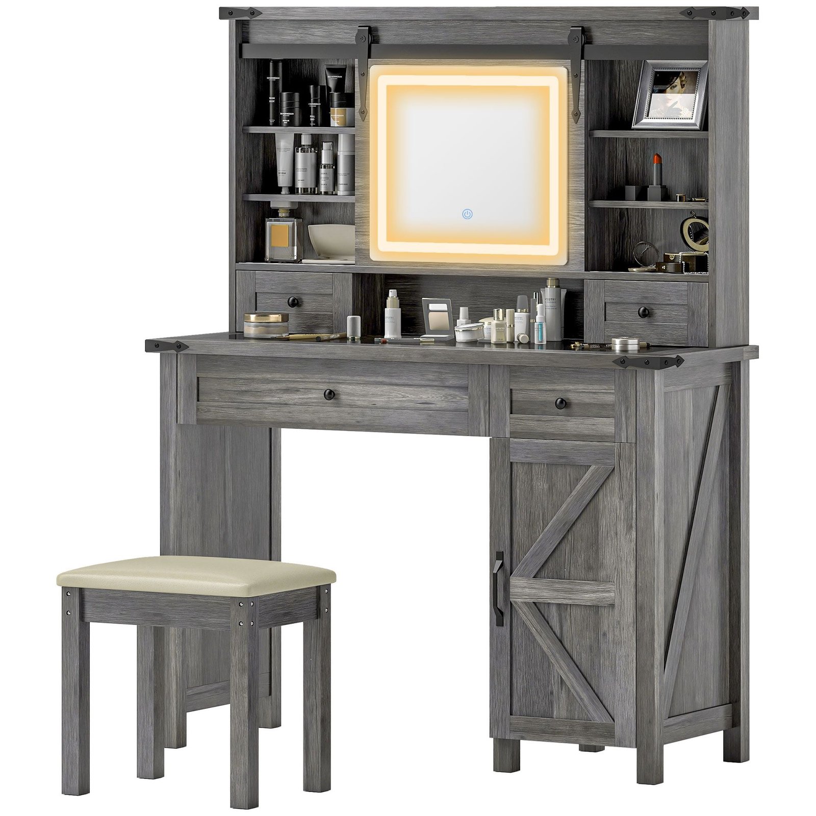 gray vanity desk set with comfortable cushioned stool storage drawer cabinet shelves for bedroom features mirror and lights