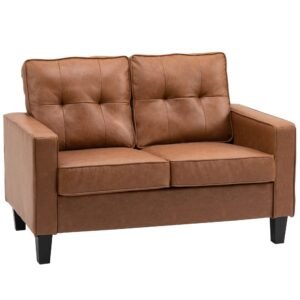 51" brown tufted 2 seater loveseat pu leather double sofa with armrest for living room furniture