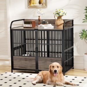 48 inch dog cage furniture, large dog kennel indoor with 2 adjustable bowls