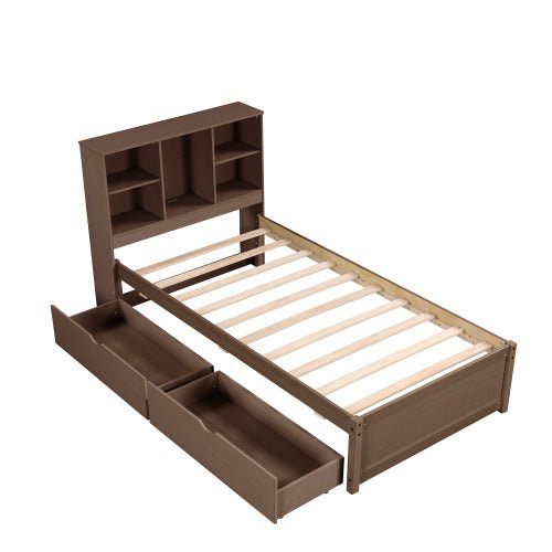 fcj modern twin size bed frame tufted design bookcase headboard 2 drawers built in usb port walnut color featuring storage space
