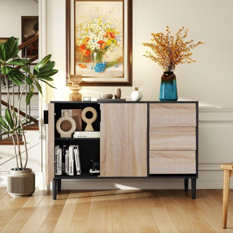 storage cabinet with 3 drawers, 2 doors sideboard buffet cabinet, mid century accent cabinets with adjustable shelf