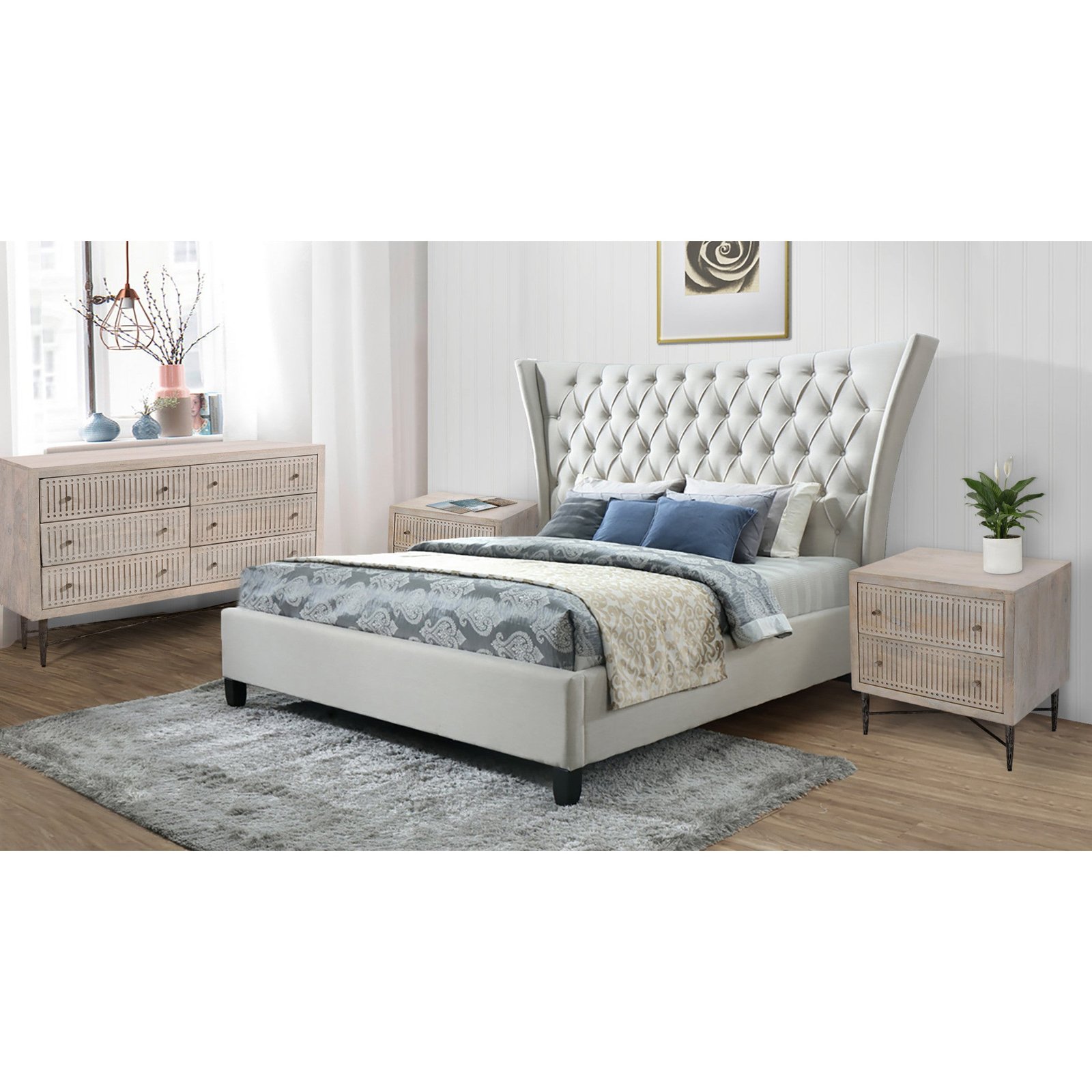 hms beige king size diamond button tufted bed frame luxurious soft upholstered bedroom furniture for home use