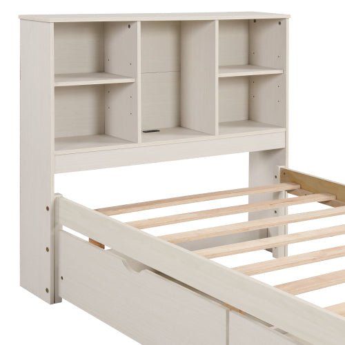 fcj modern twin size bed frame white washed color with led lights built in usb port bookcase headboard 2 drawers storage bed