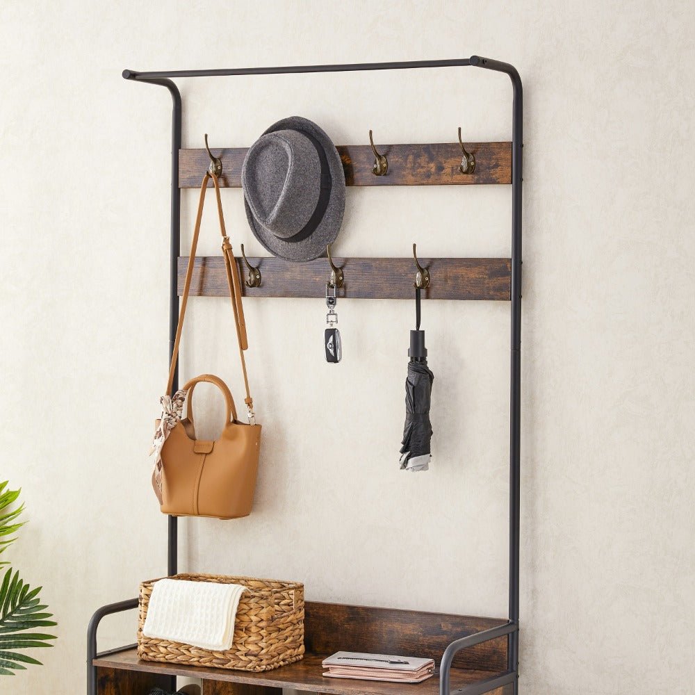 3 in 1 entryway coat rack and storage organizer with shoe rack 7 hooks and hanging rod perfect for hallway or entryway