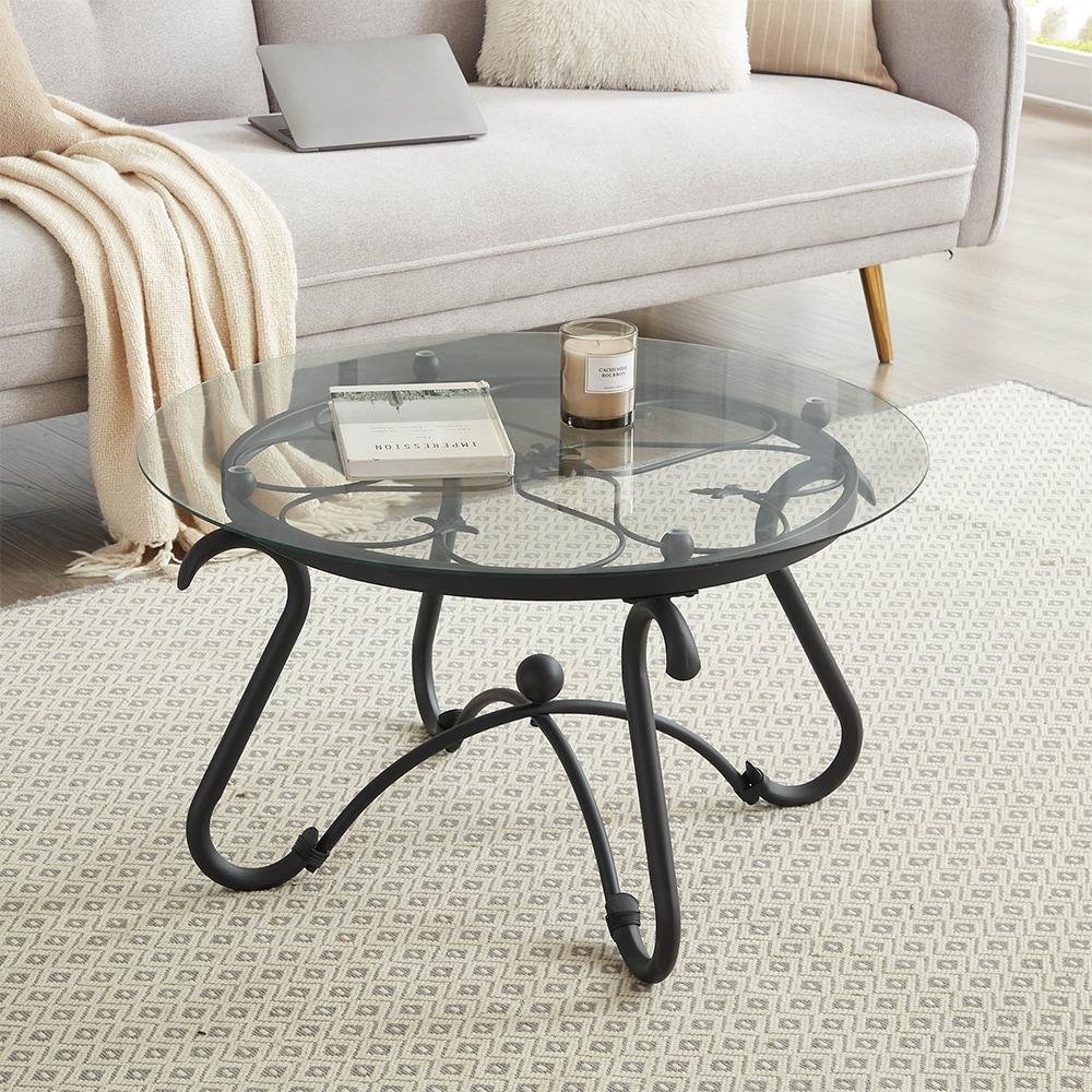 2 piece tempered glass surface coffee table set, decor coffee table round end side table with sturdy construction