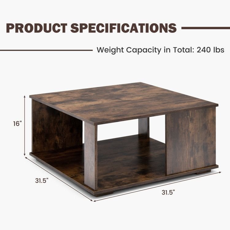 2 tiers square coffee table with non slip foot pads and storage space