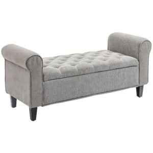50 inches gray button tufted storage ottoman bench with rolled arms wood legs end of bed stool & ottoman