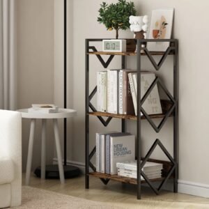 3 tier rustic brown metal bookshelf industrial small bookcase for all ages for living room bedroom home office