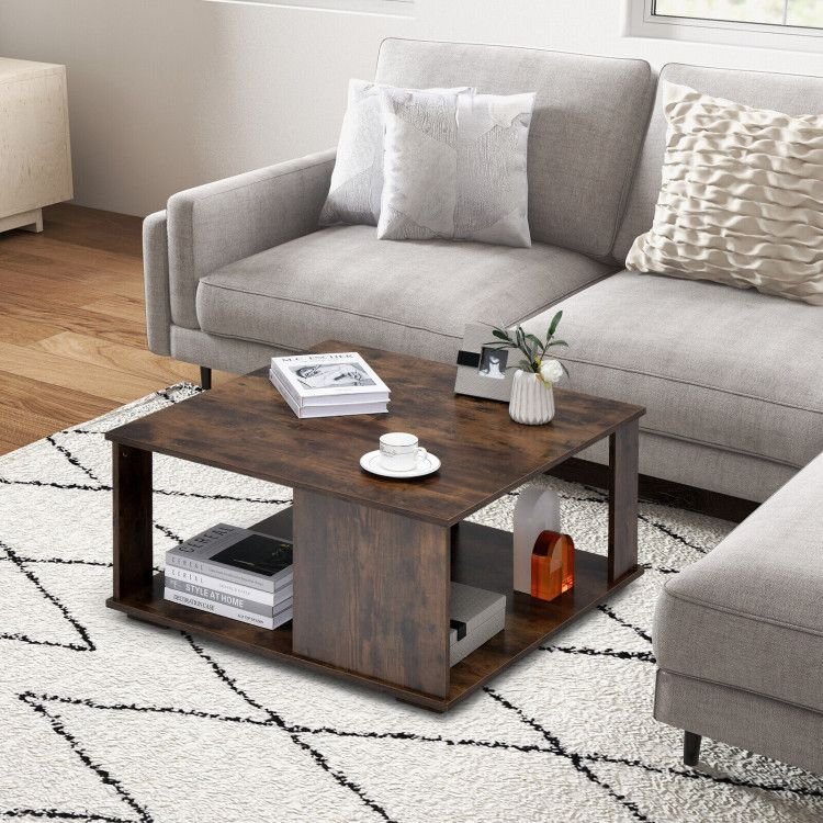 2 tiers square coffee table with non slip foot pads and storage space