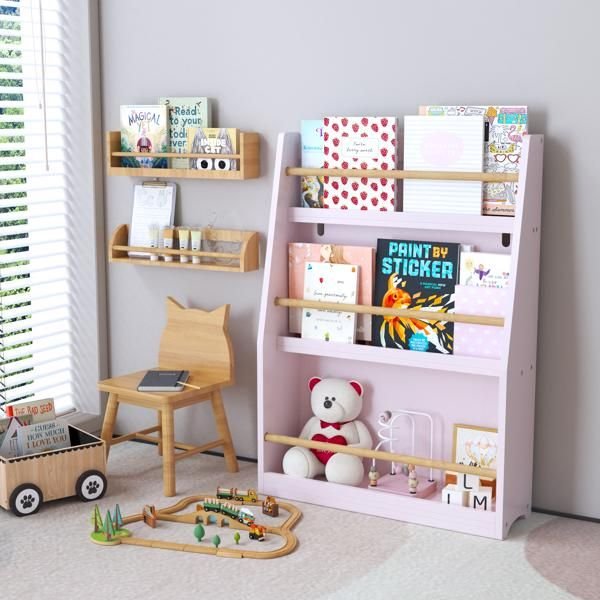 3 tier pink kids bookshelf rack organizes bedrooms playrooms classrooms for storing books
