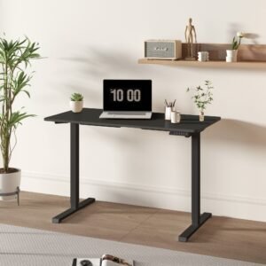electric whole piece adjustable height home office computer workstation black frame and top sit stand desk