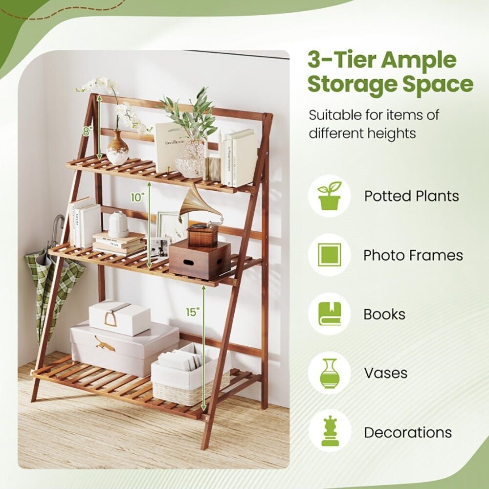 3 tier bamboo ladder shelf foldable bookcase for plants and flowers