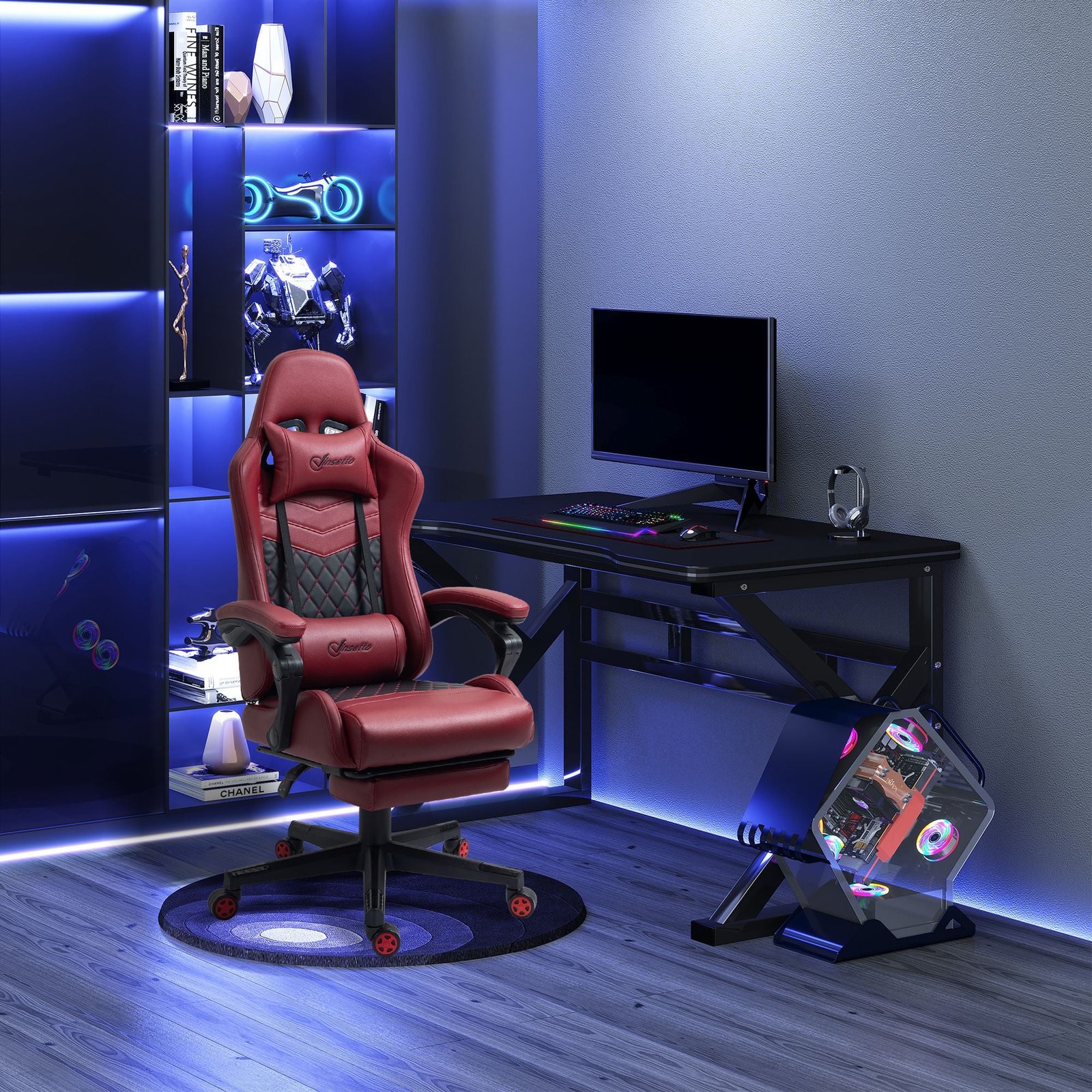 adjustable height gaming chair with lumbar support red pu leather swivel and reclining feature