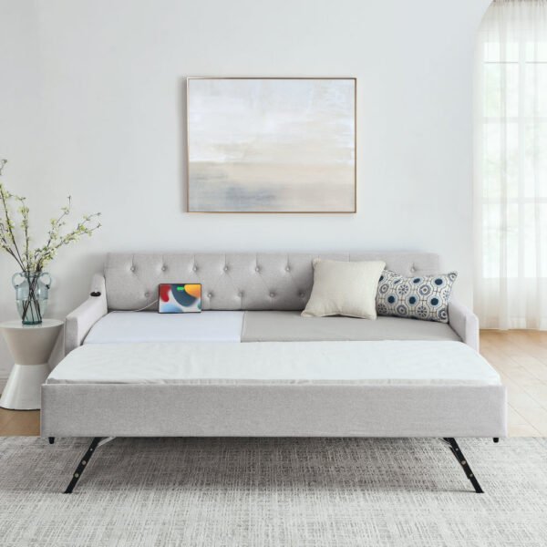 twin size upholstery daybed with twin size erectable trundle and usb charging design
