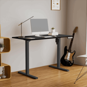 electric whole piece adjustable height home office computer workstation black frame and top sit stand desk