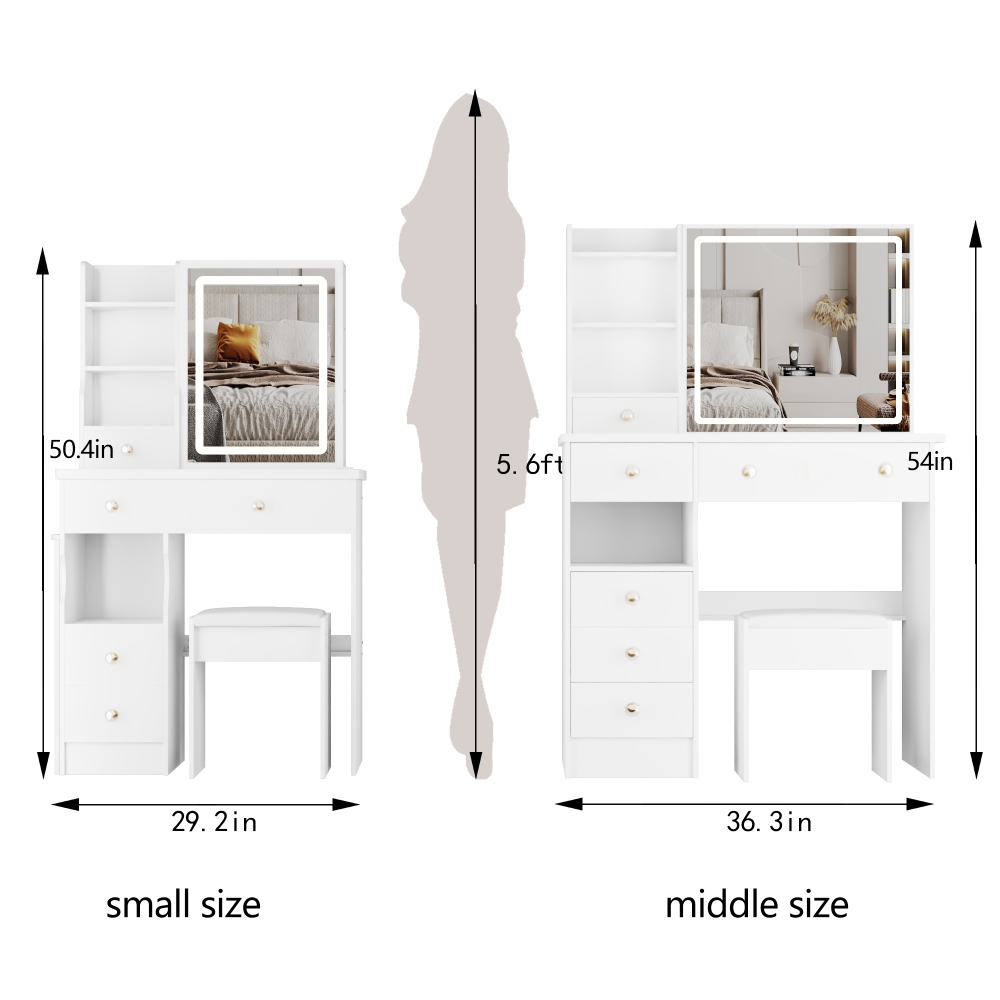 29.2" small size left drawer desktop vanity table + cushioned stool, large sliding, touch control, tri color switching