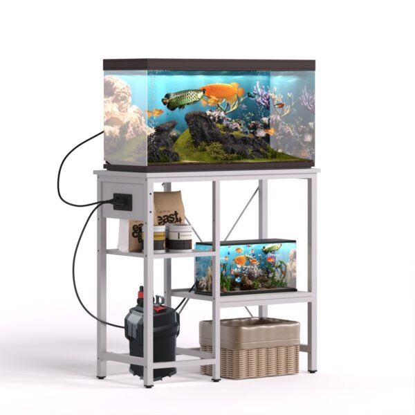 0 29 gallon fish tank stand with power outlet & led light, metal aquarium stand with 3 tier adjustable storage shelves, white